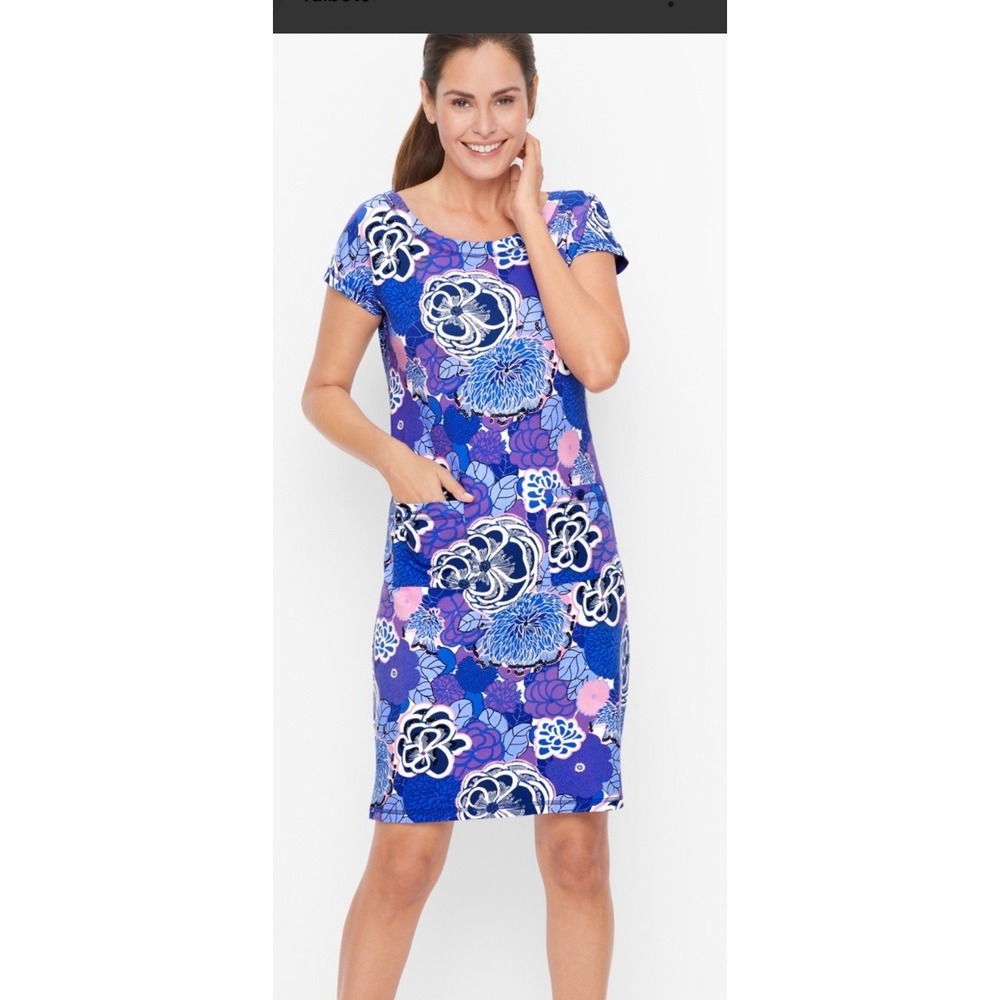 T By Talbots Spring Blossoms Terry Dress Womens Size M Blue Floral Knee Length
